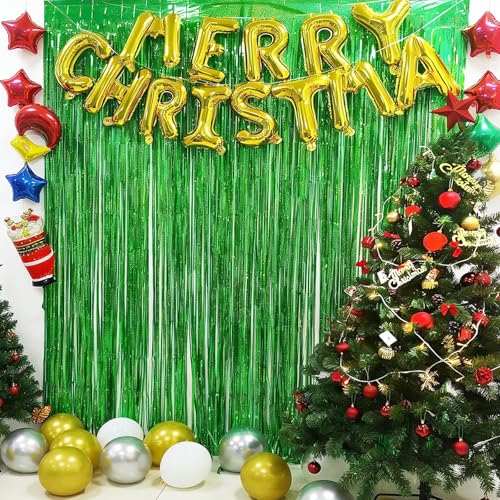 Image of 4 Pack Tinsel Backdrop 12.8x8.2 Green St Patricks Day Party Decorations, Metallic Backdrop Curtains Tinsel Curtains Streamer Backdrop, Party Supplies Wall Decor for Green Birthday Decorations