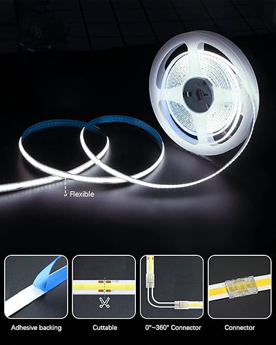 Miniatura 3 de ALITOVE Tira de luz LED blanca COB de 16.4 pies con control remoto, súper brillante, regulable, 6000 K, CRI90 COB, tira de luces LED COB, 12 V, 1600