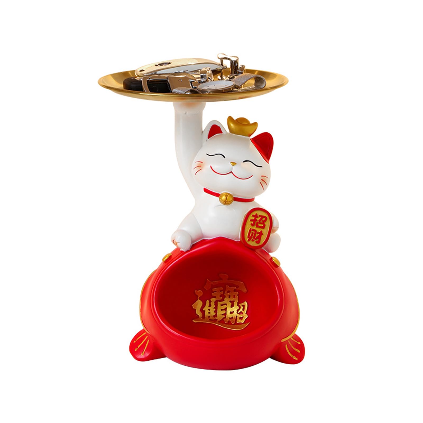 KFGISD, Figures Sculpture Key Figurine Home Decor Hallway Zen lover Lucky cat flat figurine tray,Red C,Key Tray(White)