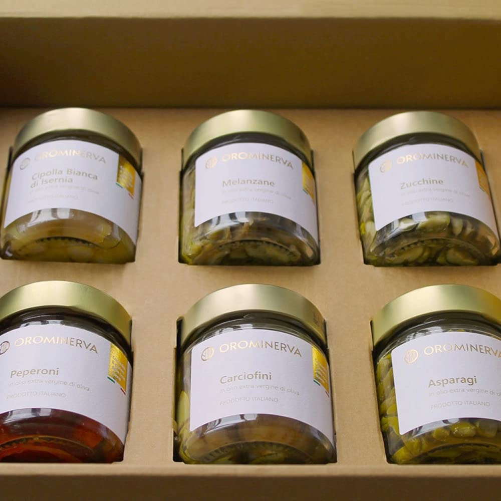 OROMINERVA - Box Territorio - Confezione regalo alimentare con prodotti tipici, specialità italiane sott'olio: asparagi, carciofini, melanzane, peperoni, zucchine, cipolla bianca di Isernia.