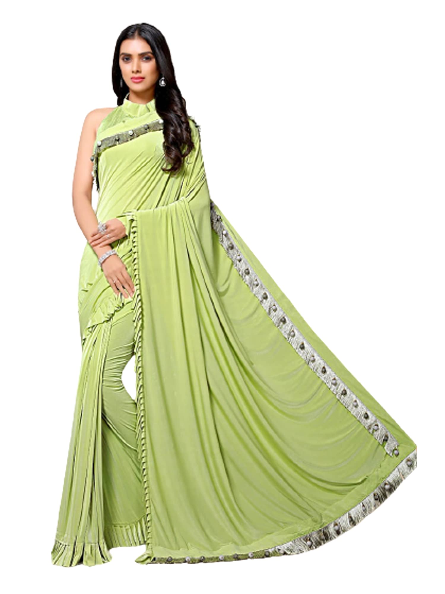 Frill & Frędzle Designerska indyjska lycra impreza sari bluzka damska festiwal dziewczęcy koktajl Sari 6820, ZIELONY,