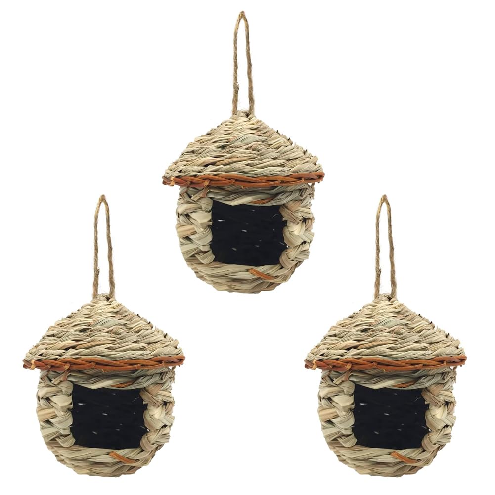 3PCS Natural Grass Houses for Hummingbird Outside Hanging Bird Hut Hand Woven Nest Large Wren Finch Bird House for Garden Window Outdoor Home Decoration (Room Shape)