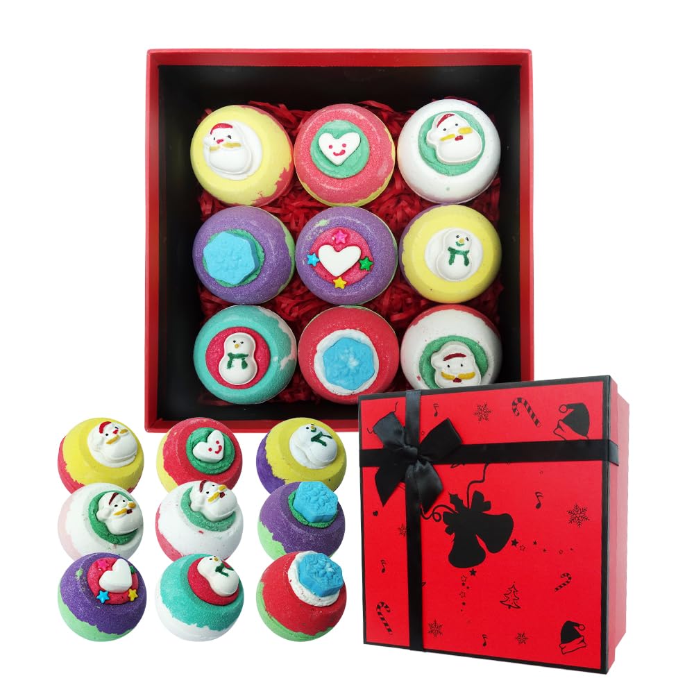 KAV Bath Bombs, Gift Set of 9 100g Bathbomb in Christmas Box, Natural and Organic Hand Made Fizzy, Essential Oil and Salt for Relaxing Baths Women Children Men