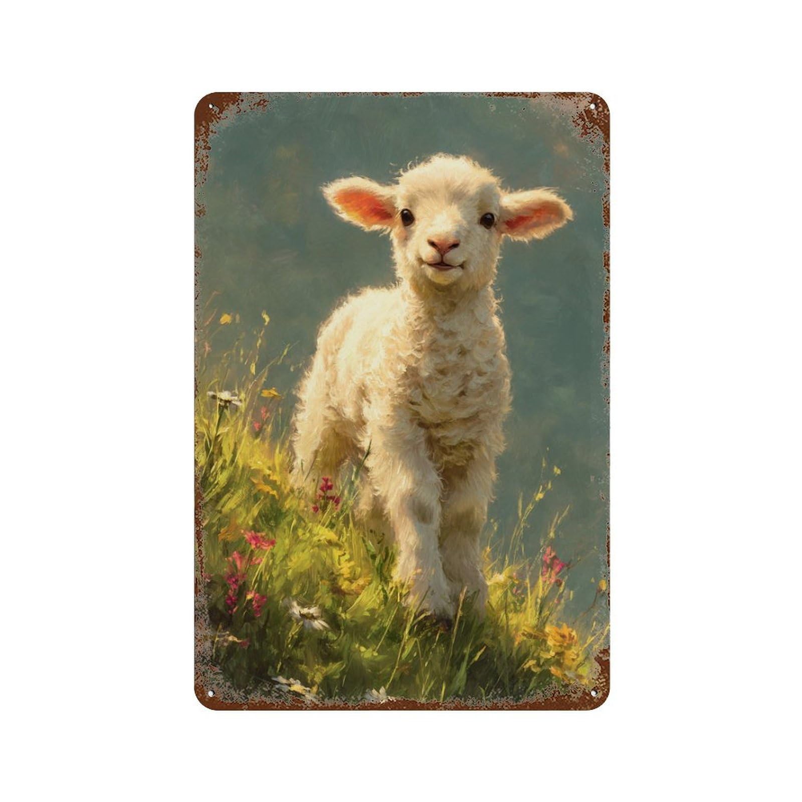 Baby Lamb in Pasture 11.8"x7.9" Distressed Metal Wall Sign, Industrial Home Decor for Patio, Garden Room And Bar Decor