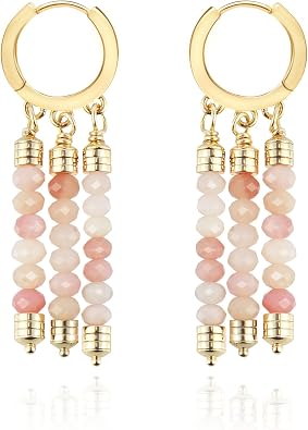 Massive Beads Gold Drop Dangles Earrings with 3-Chains of Faceted Gemstone Beads Handcraft Lightweight Jewelry for Woman