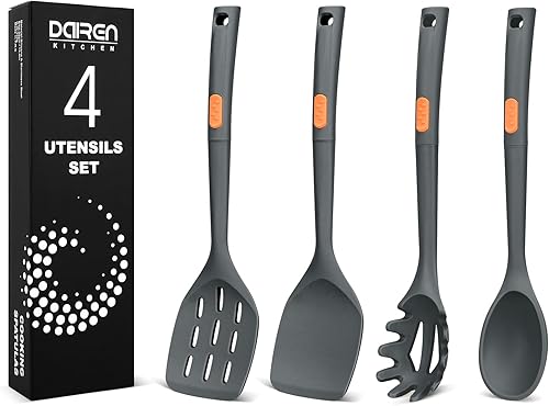 Espátulas de silicona y cucharas de espagueti, paquete de 4 utensilios de cocina de silicona resistentes al calor, cucharas grandes antiadherentes
