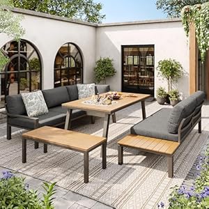 Jtyca Gartenmöbel Set für 6-7 Personen, Garten Loungemöbel Set für Garten, Balkon, Terrasse, Wetterfeste Sitzgruppe, Essgruppe, Gestell aus Verzinktem Eisen, Tischplatte mit Eiskübel