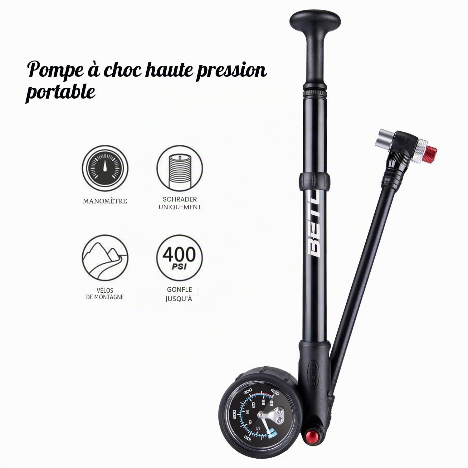 BETO Pompe à Chocs Haute Pression 400 PSI Max VTT pour Fourche et Suspension arrière Valve Schrader