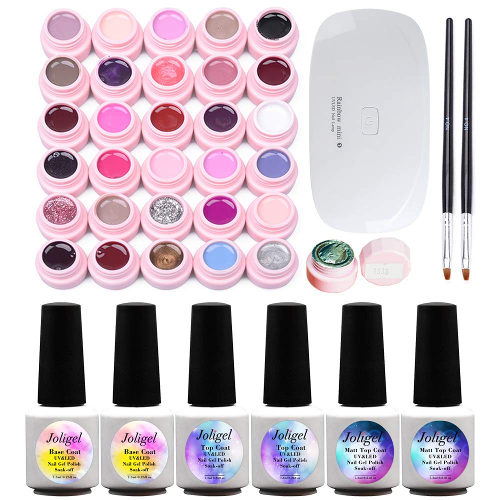 Gel Nail Polish Starter Kit, 2 Base Coat + 2 Top Coat + 2 Matte Top + 30 Colors UV LED Semi-Permanent Soak-off Shellac Gel for Nails Manicure, with 2 Brushes + Mini UV/LED Lamp with USB