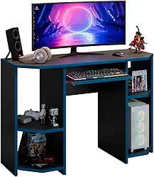 Mesa Gamer Escrivaninha PC para Computador com LED, Preto e Azul, Suporte para PC e Acessórios