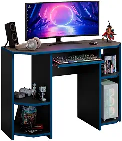 Mesa Gamer Escrivaninha PC para Computador com LED, Preto e Azul, Suporte para PC e Acessórios