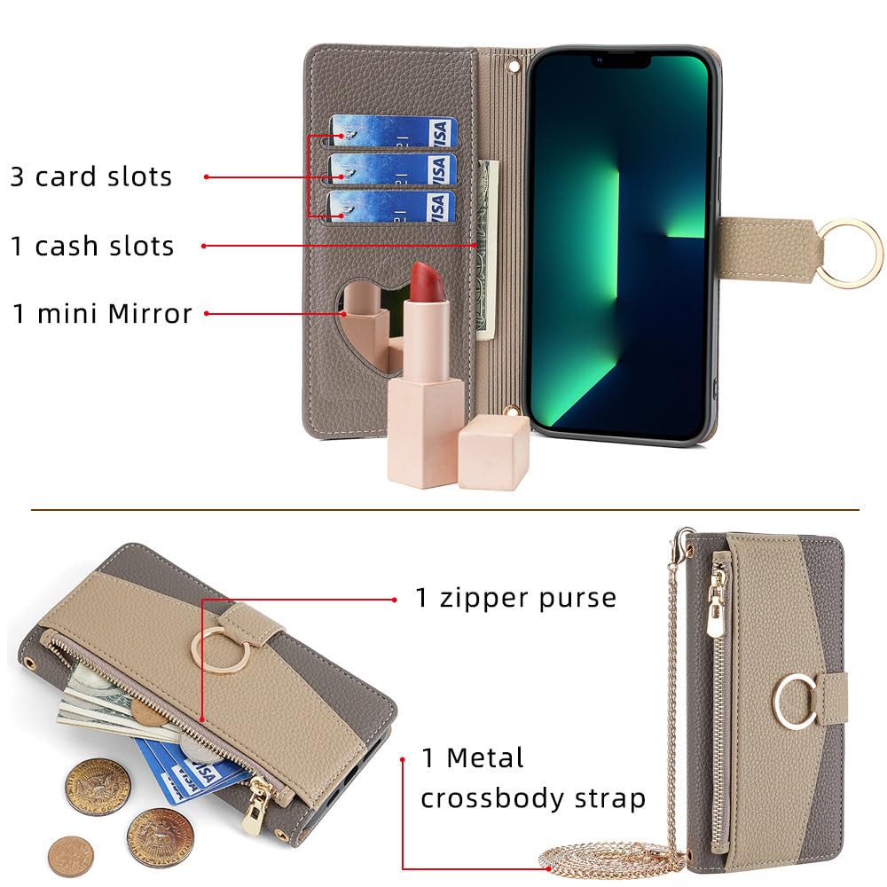 LVTFCO Funda Tipo Cartera de Cuero con Tapa Cruzada para iPhone 14 13 12 11 Pro XS MAX XR X 7 8 6 6S Plus SE 2020 2022 Funda con Anillo para Ranura para Tarjeta, Gris, para iPhone 7 (8)