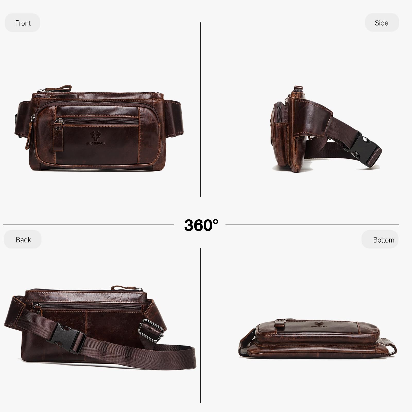 FANDARE Torba nerka z prawdziwej skóry dla mężczyzn i kobiet, unisex torba na talię z wieloma kieszeniami na zamek błyskawiczny, torba na biodra w stylu retro, na podróż, wędrówki, do codziennego