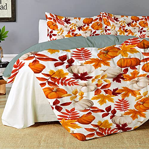 Todeyya Thanksgiving Fall Pumpkin Maple Leaves Duvet Cover (Queen Size 90"X90") With 2 Pillow Shams, Microfiber Lightweight 3Pcs Comforter Cover Set Coverlet, With Zipper Closure Bedding All-Season #TOP2