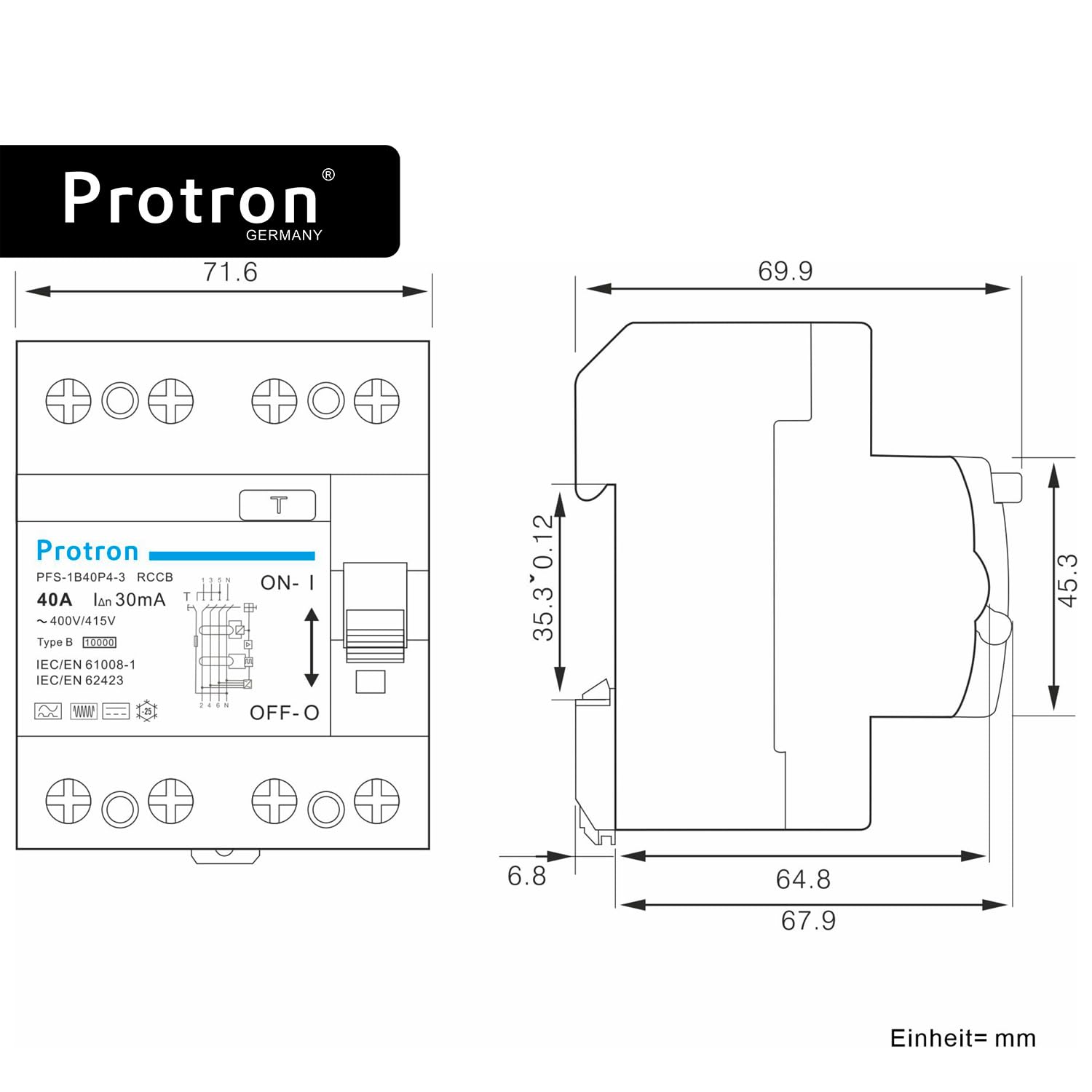 Protron FI Fehlerstromschutzschalter FI Typ B Allstromsensitiv 4P, RCCB RCD für PV Anlage Wallbox E-Auto (40A-300mA)