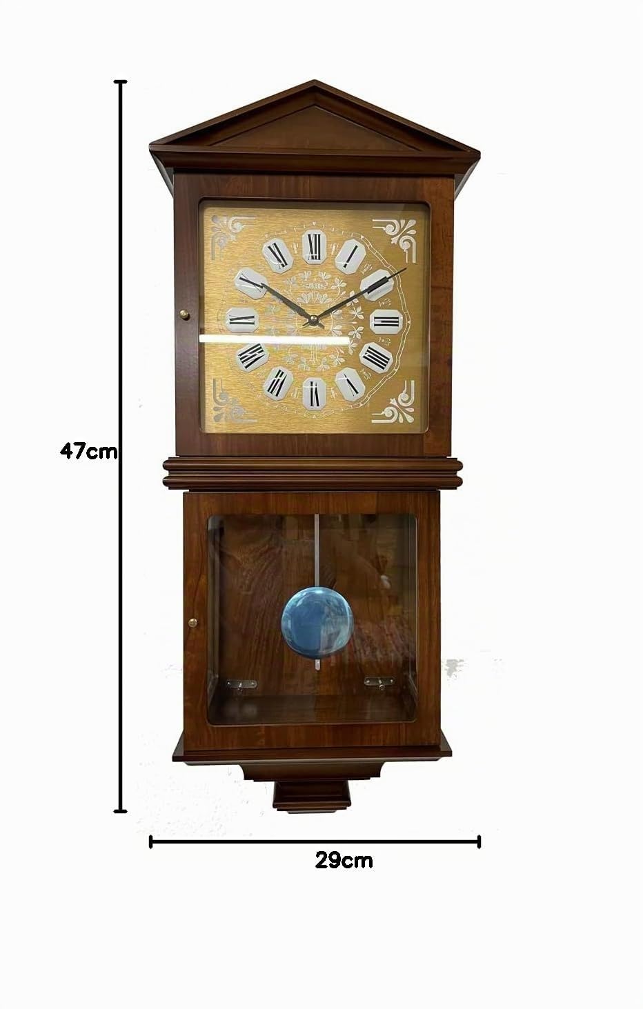 Reloj de Pared de péndulo, Madera y Cristal, 78cm, Reloj regulador Cuarzo, con soneria, 3 melodías, Suena Enteras y Cuartos