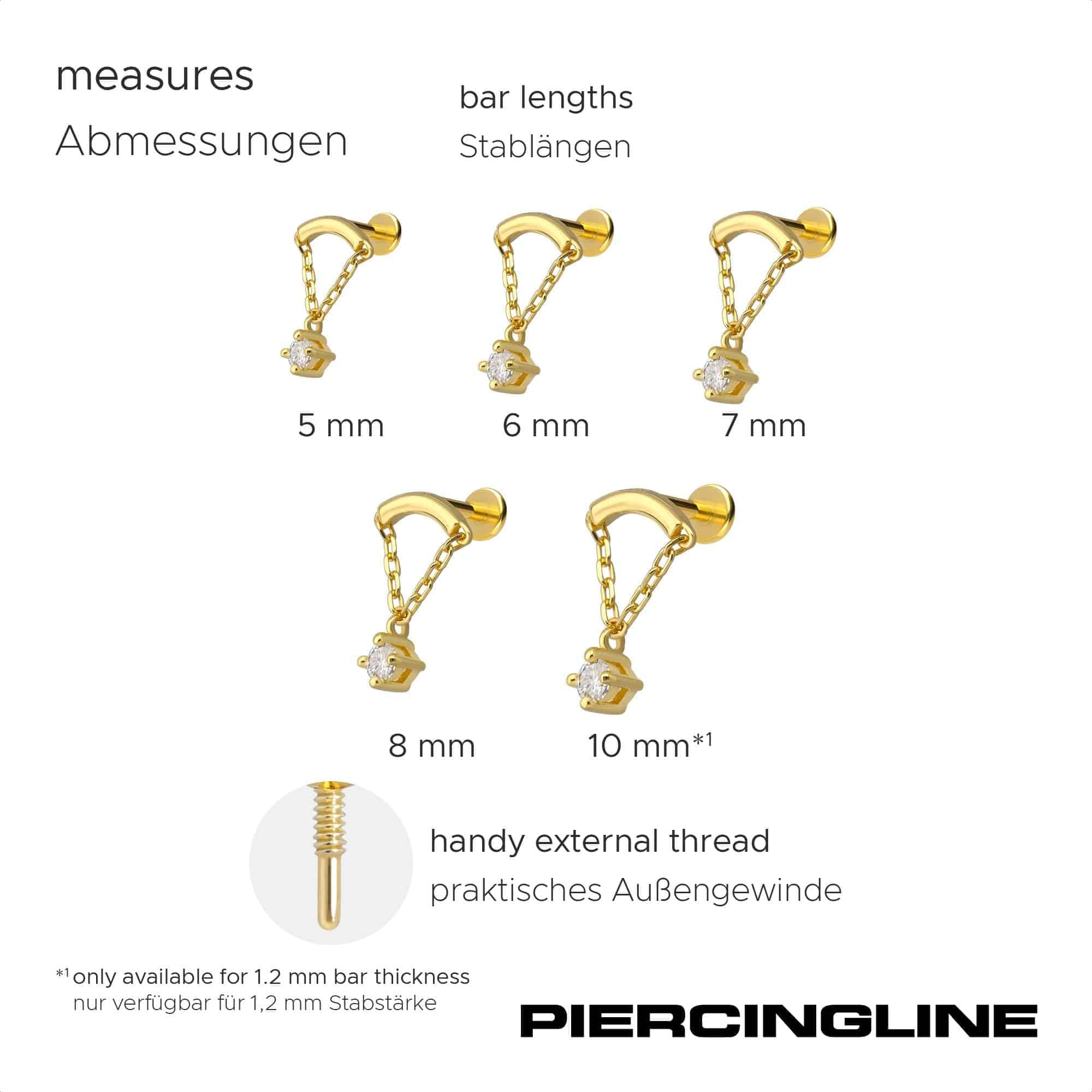 PIERCINGLINE Piercing Stecker Titan Labret mit Innengewinde + 925er Silber Aufsatz MOISSANIT + BOGEN + KETTE - Goldfarben, Silberfarben