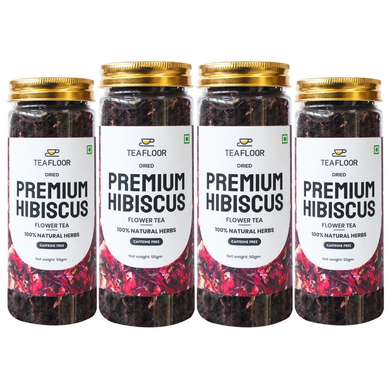 Image of TEAFLOOR 100% Dried Natural Hibiscus Flower Tea: Explore The Ruby Nectar || Wellness & Health,Vitamin C Bursts || Whole Flower Buds, Brew Hot Or Iced - Caffein Free || 50 Grams (Pack Of 4)