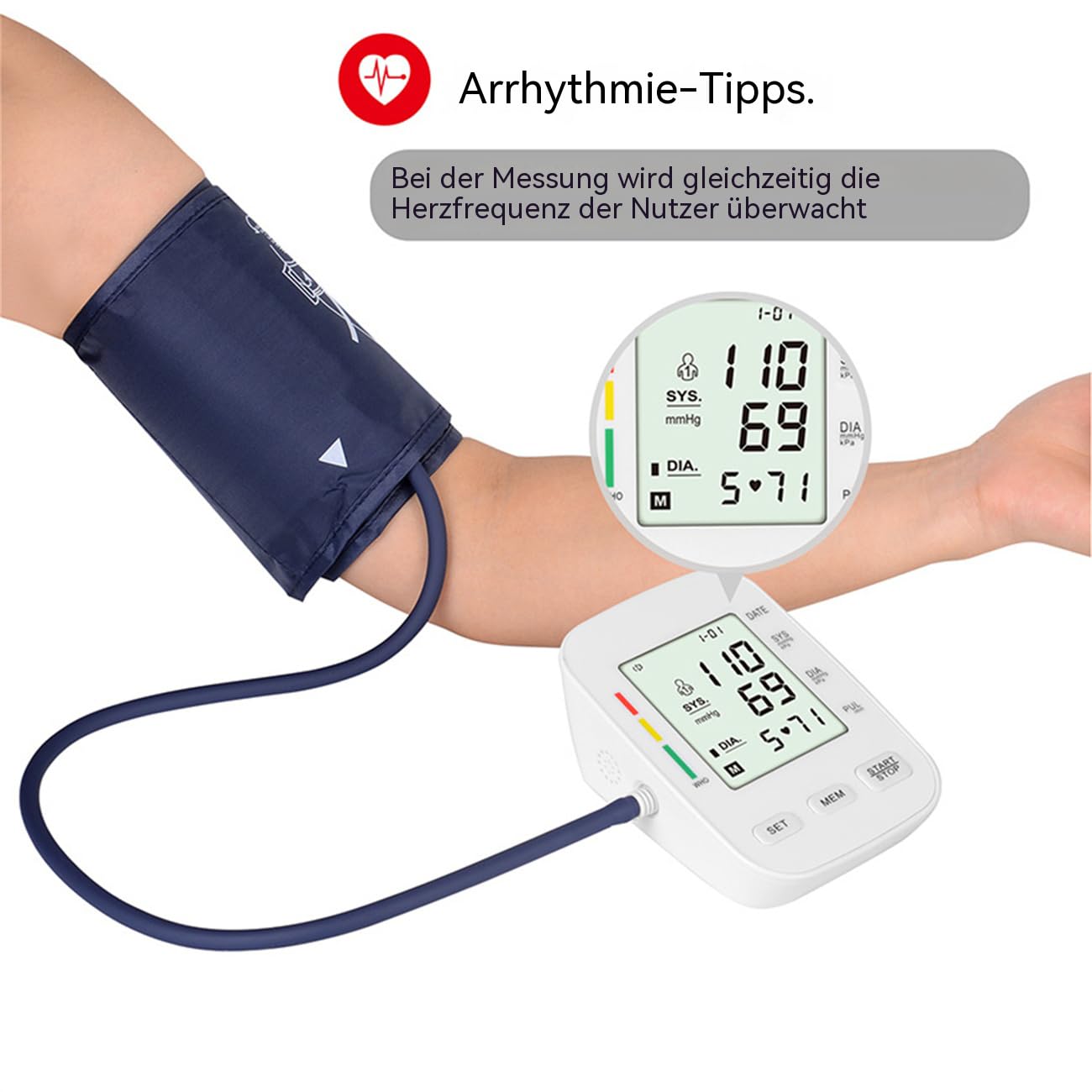 Blutdruckmessgerät Oberarm – Elektronisches Blutdruckmessgerät mit Arrhythmie-Erkennung, großem LCD-Display, 180 Speicher für 2 Nutzer, USB-Stromversorgung, Manschette 22–32 cm, Praktisch für Reisen