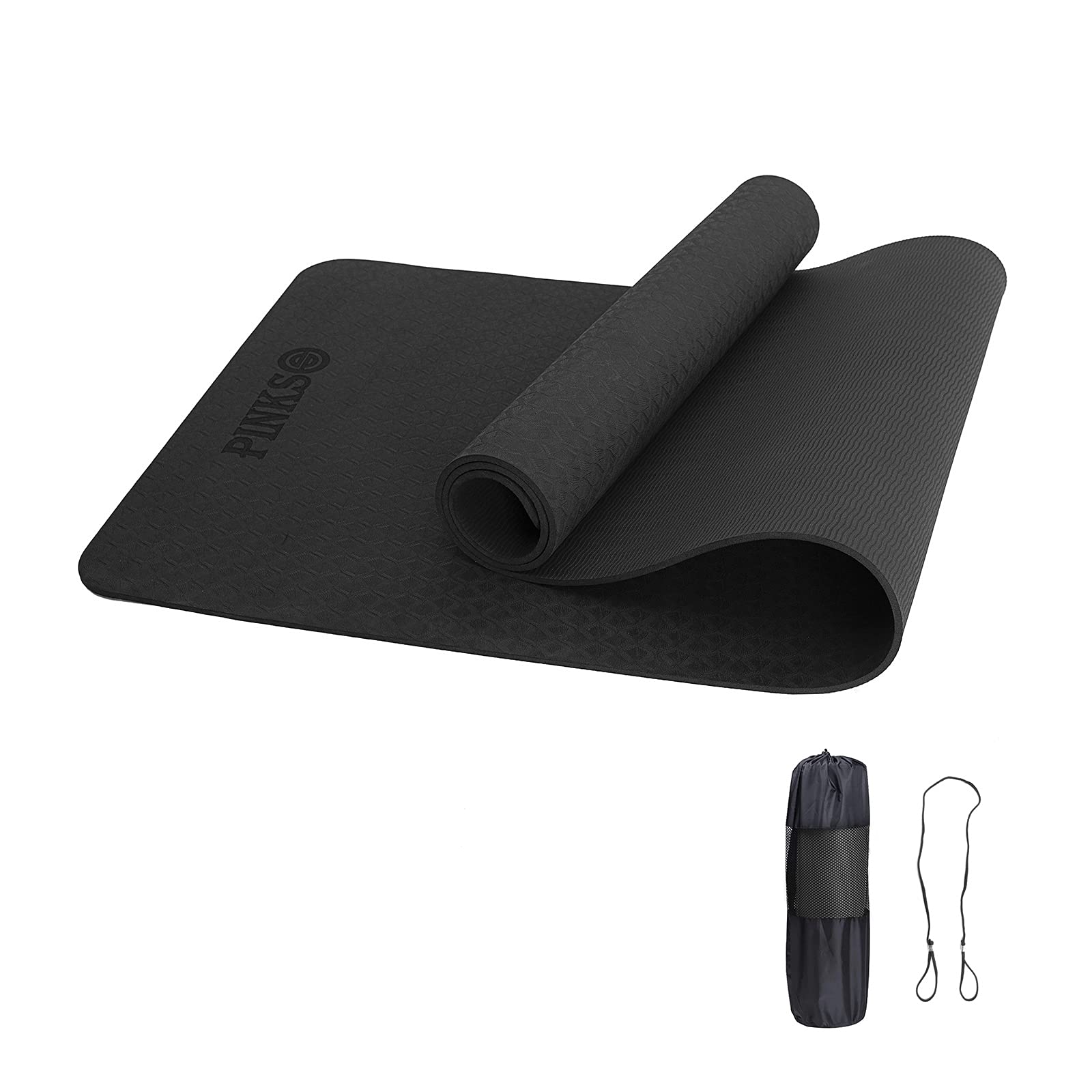 Umweltfreundliche TPE-Yogamatten, rutschfeste Fitness-Trainingsmatte mit Tragegurt und Aufbewahrungstasche, Pilates, Fitnessstudio und jede allgemeine Fitness (schwarz)