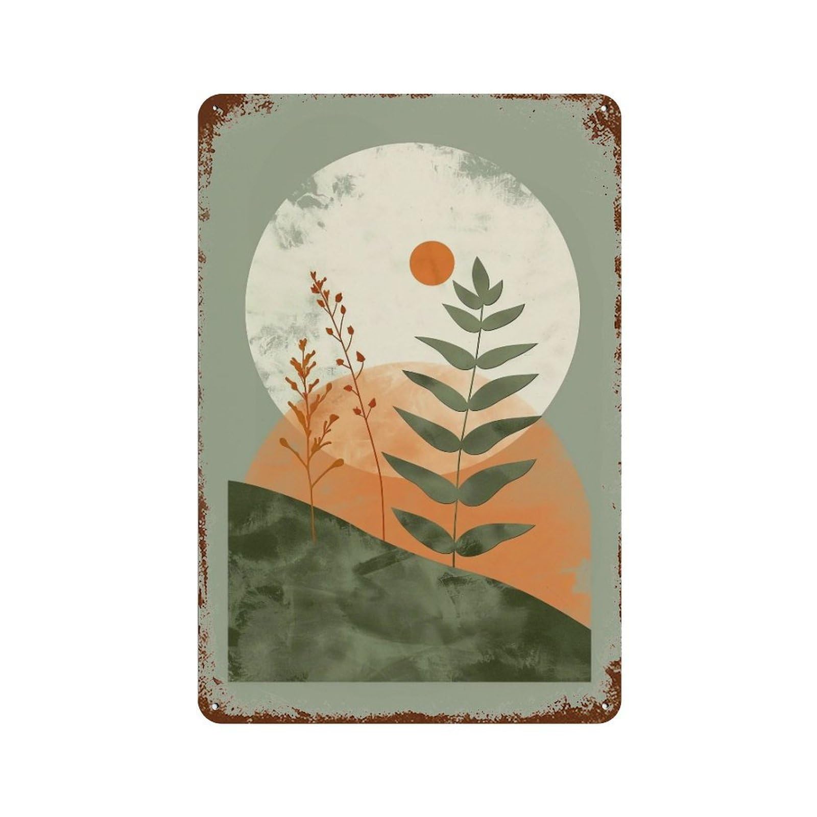 WUJHGRSG Minimal Flat Earth Tone Leafy Branch Sun Moon 02 Wall Art Retro Iron Vintage Metal Tin Sign Poster Modern Decor for Home Cofffee Club Bar Shop Style 30x20cm