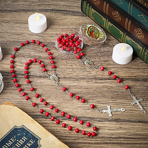 48 Pcs Virgen De Guadalupe Scented Red Rosary Necklace Our Lady of Guadalupe Party Favor Catholic Gifts with Gift Box Rosary Beads Necklace Carved for Funeral Baptism First Communion Party4