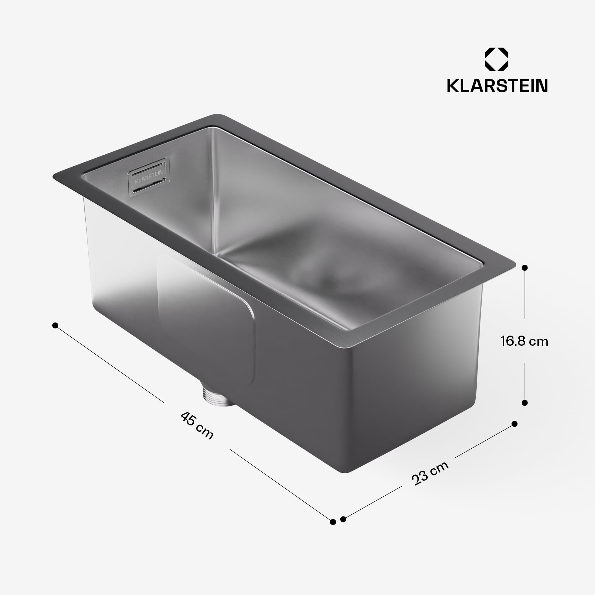 Klarstein Lavello Cucina – Acciaio Inox 304, Design Stretto 23 cm, Resistente a Graffi & Calore, Facile da Pulire, Include Kit Installazione & Troppopieno, 45x23 cm