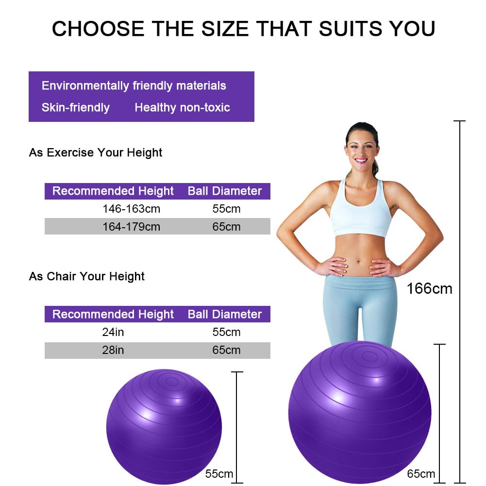 flintronic Palla Fitness, Palla da Ginnastica, 55/65cm Palla Anti-Scoppio, Palla di stabilità, con Pompa, Strumento Tappo Pompa, E Manuale per Yoga, Esercizi di Equilibrio, Allenamento, Fitness