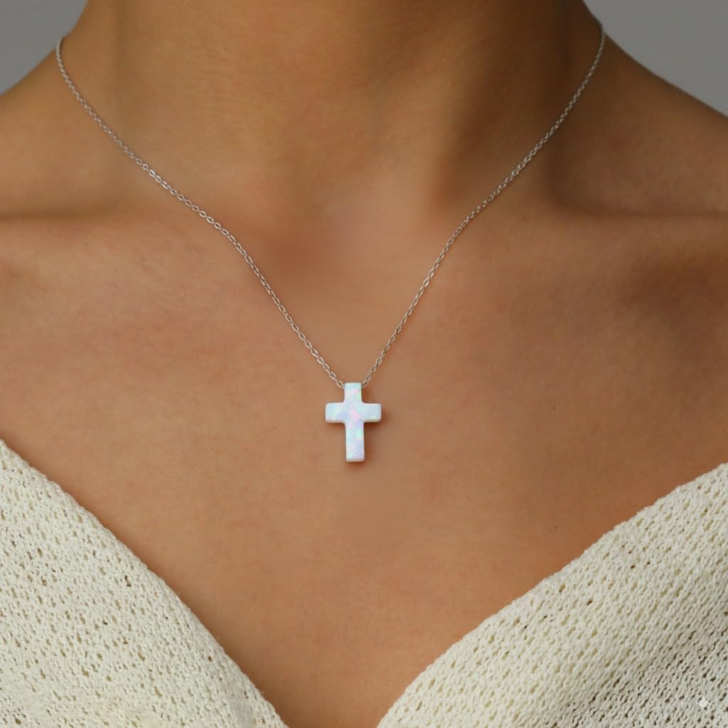 White Opal Cross Necklace, Elegant Sterling Silver Adjustable Chain Religious Jewelry, Meaningful Gift for Spiritual Celebrations - Image 3