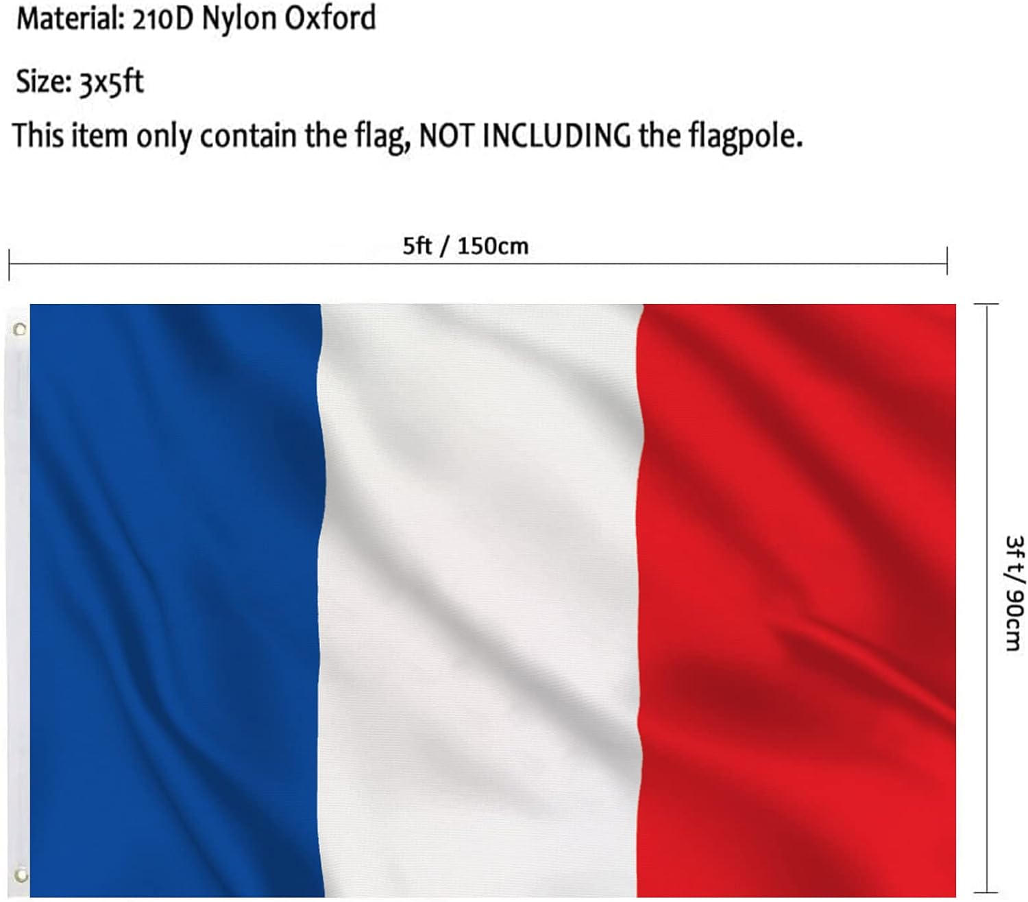 tnpun French Flag 3x5 Outdoor Double Sided France Flags Vivid Color Heavy Duty 210D Nylon Cloth National Country Flags with 2 Brass Grommets 4 Rows of Stitches
