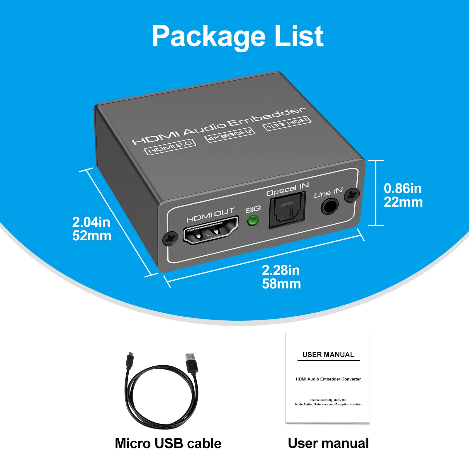 HDMI Audio Embedder Inserter Analogico Digitale DVI TOSLINK Ottico 3.5mm AUX Ingresso 4K60Hz 18Gbps HDR HDCP2.2