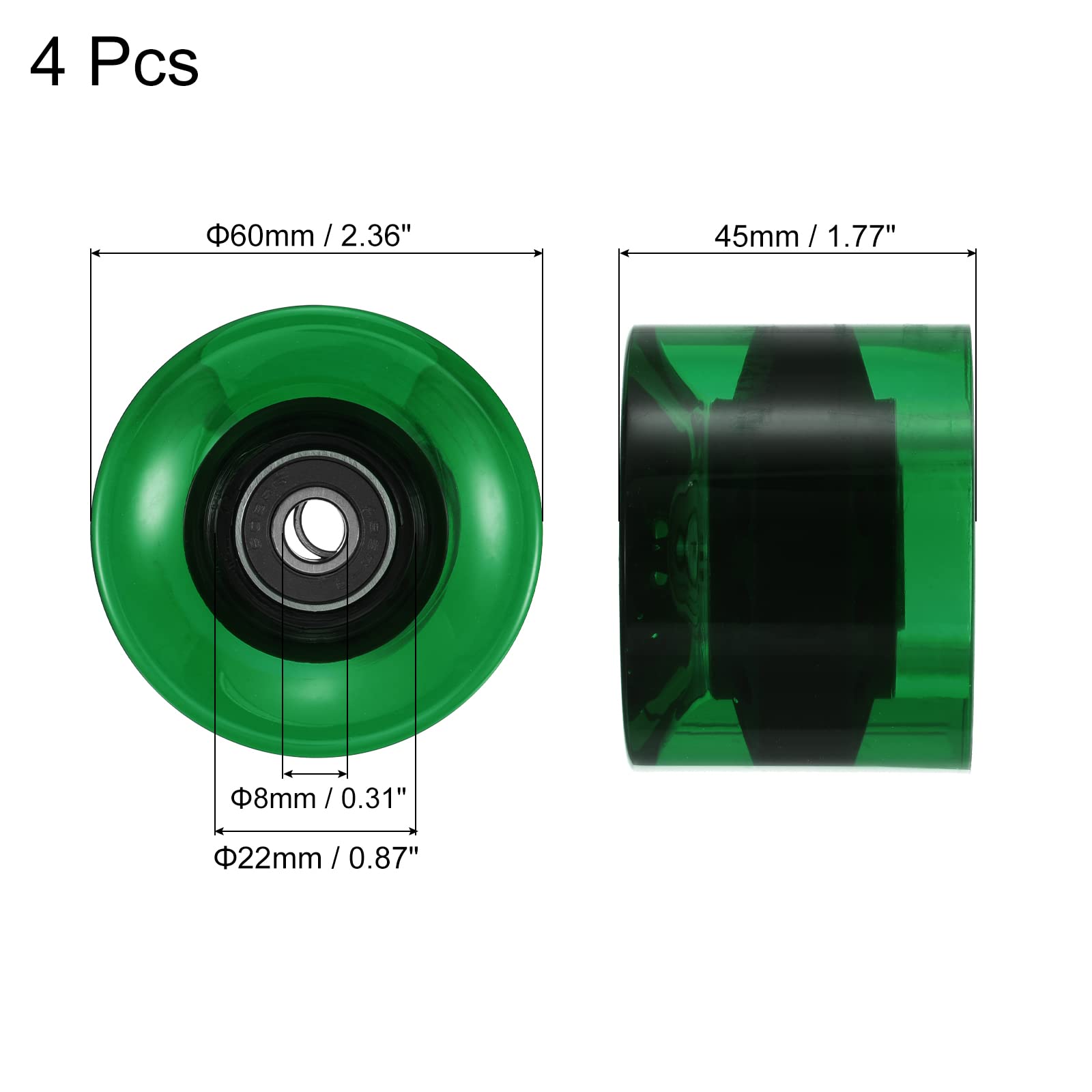 PATIKIL Lot de 4 roues de rechange pour longboard de 60 mm avec roulements ABEC-9, pour skateboards, cruiser, 80 A, vert clair, noir