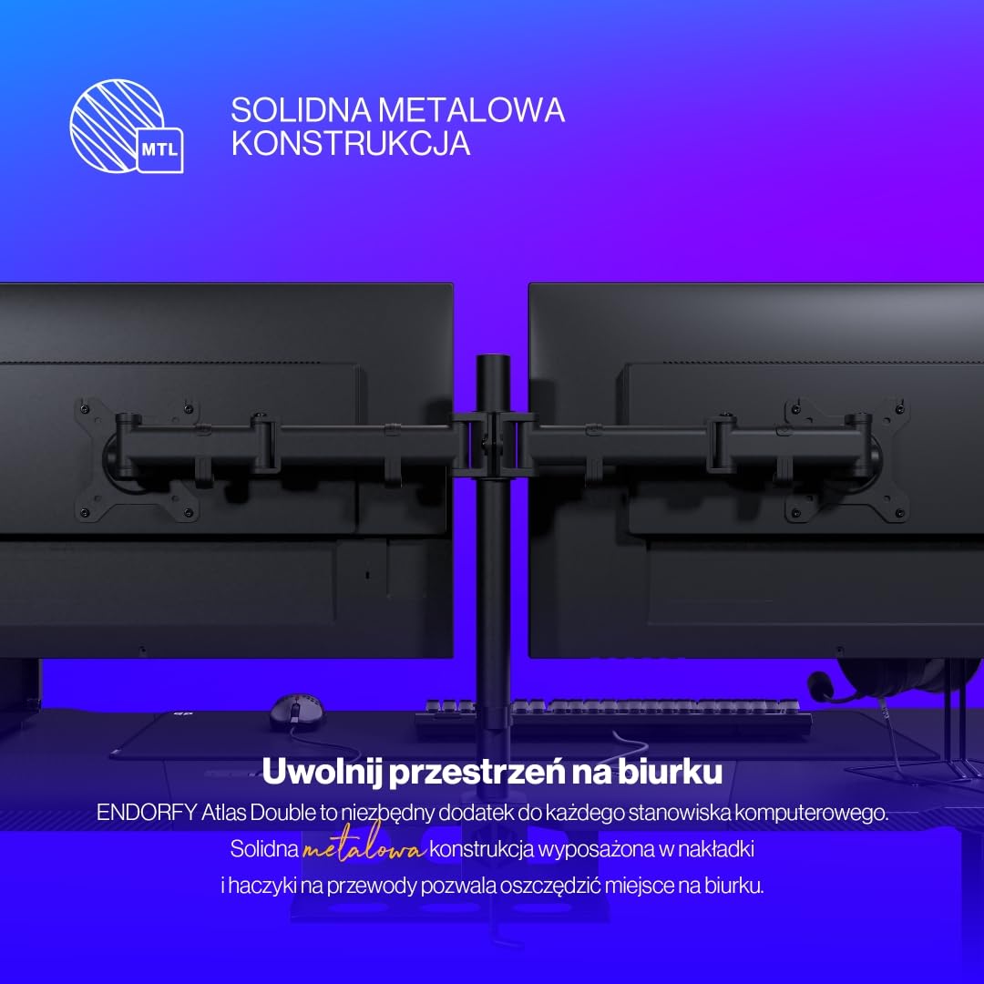 ENDORFY Atlas Double, wytrzymały uchwyt na dwa monitory do 27 cali każdy, łatwy montaż | EY8F003