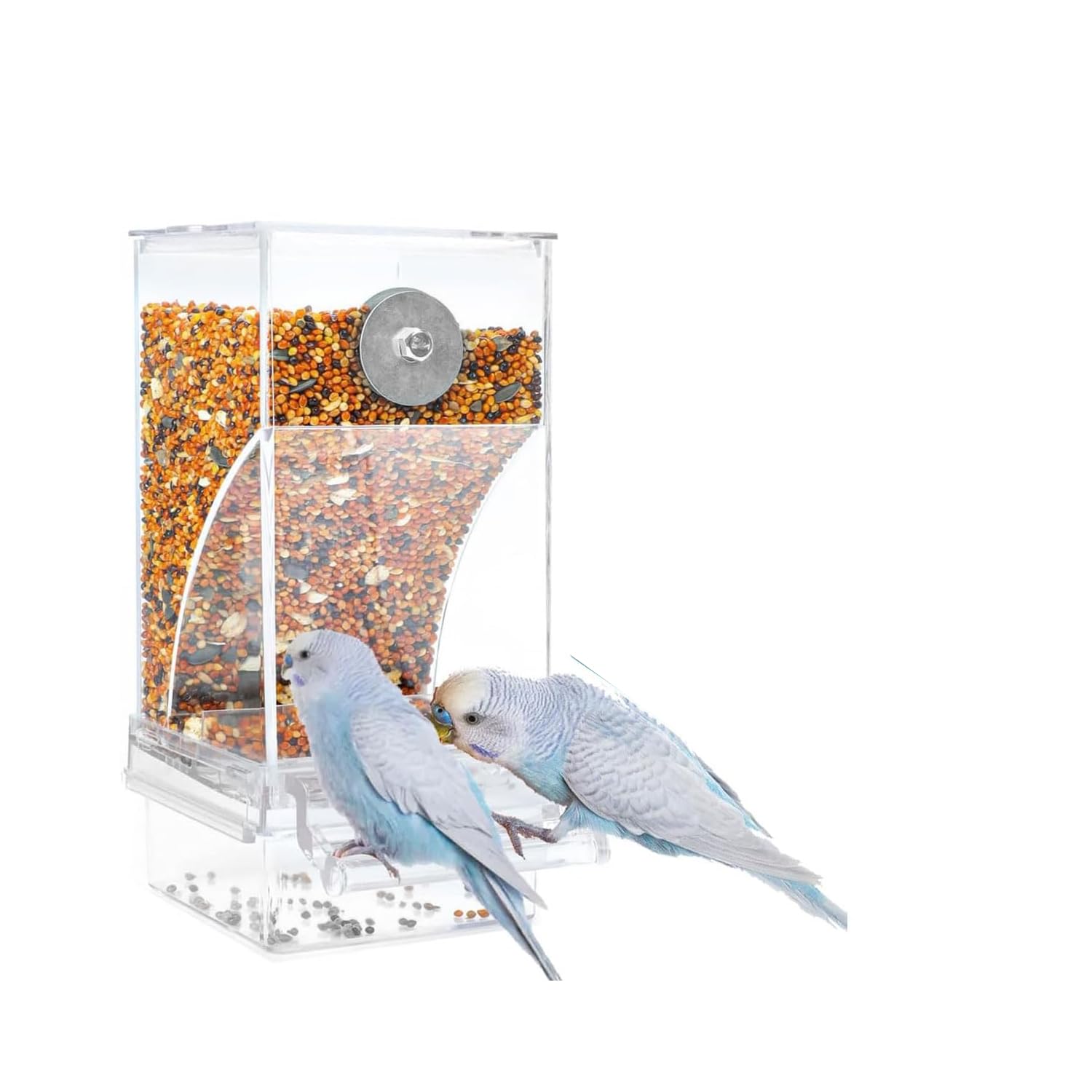 Lotsdonxia Transparent Bird Feeder, Plastic Hanging Seed Container with Perch, No Mess Automatic Feeding for Parakeets, Cockatiels, Finches, Lovebirds