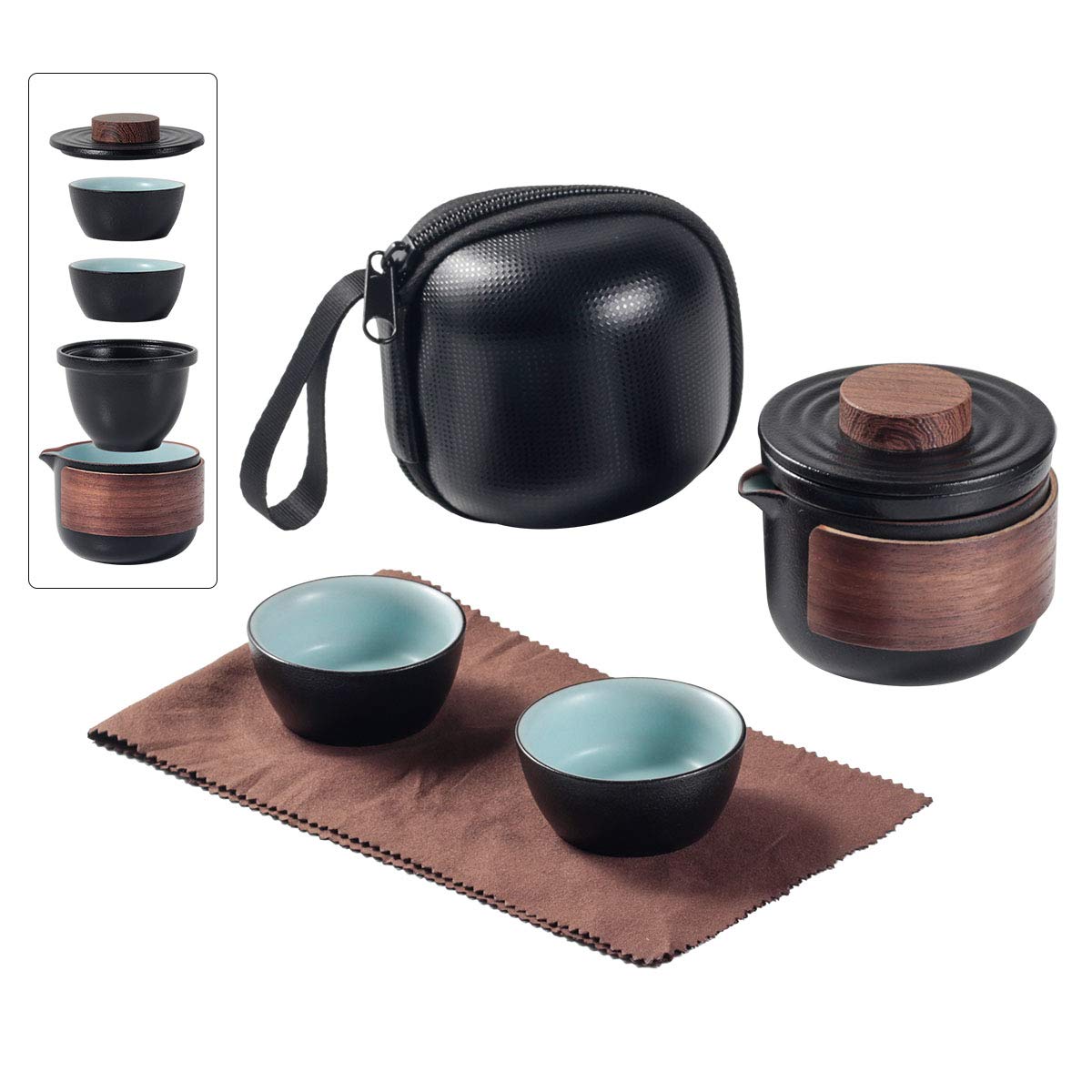 Set di mini teiera da viaggio in ceramica cinese per kung fu, 1 pentola, 2 tazze, tazze da tè in porcellana con infusore per tè, borsa portatile per picnic all'aperto (nero)