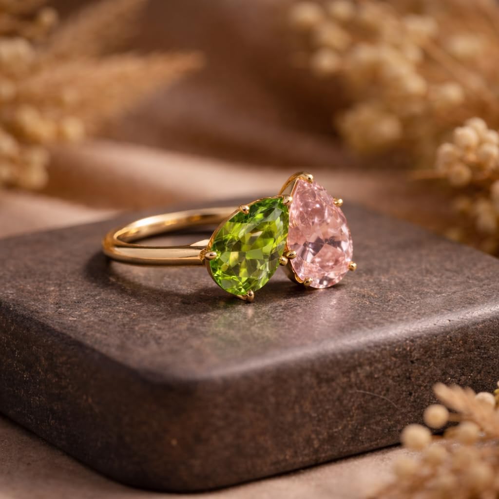 14K Yellow Gold Two Stone Pink Sapphire & Green Peridot Ring Pear Cut Toi et Moi Engagement Ring for Women Open Bypass Promise Anniversary Fine Jewelry Gift for Her