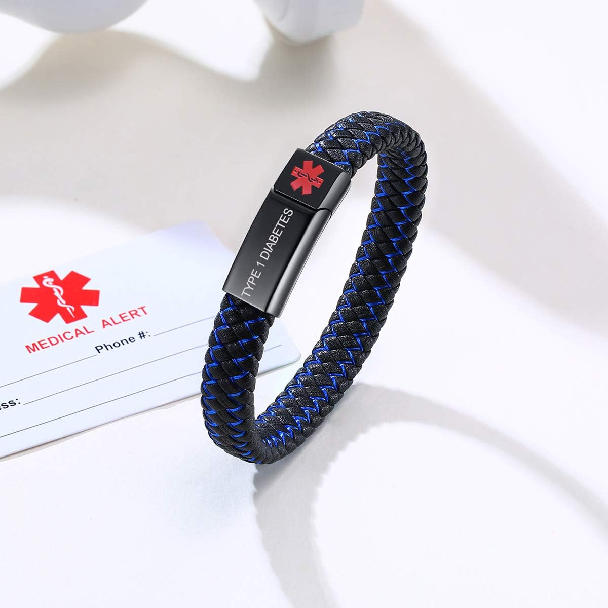 VNOX Blue/Black Braided Leather Cuff Bangle Medical ID Bracelet for Men - Image 4