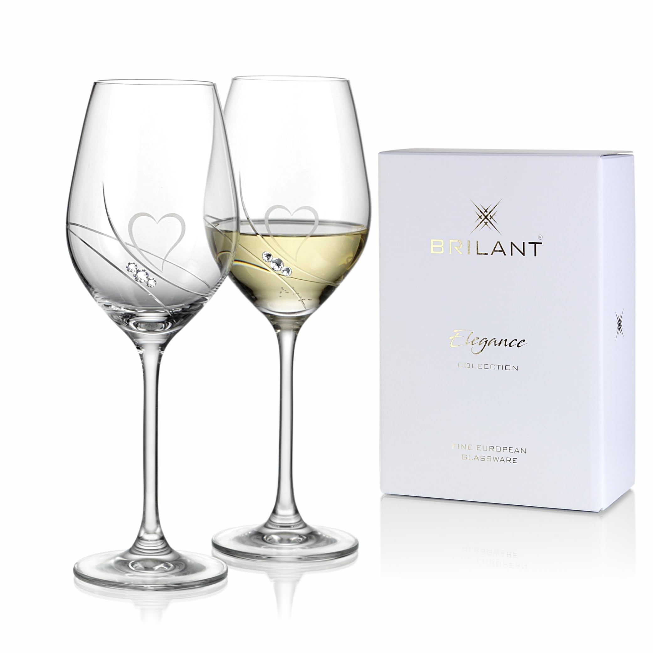 Copas de vino blanco, juego de copas de vino hechas a mano con corazones grabados, regalos para mujeres, líneas pulidas y cristales Swarovski, juego de vasos moderno, paquete de regalo, 2