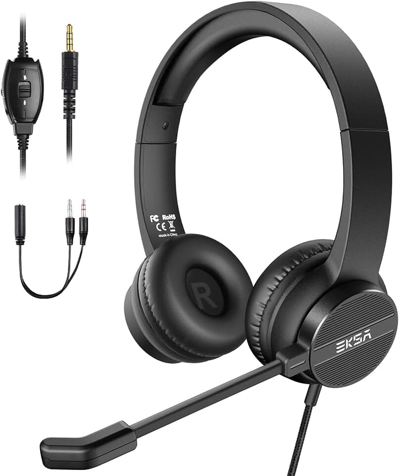 EKSA H12 PC Auriculares con Cable 3.5mm, Cascos con Microfono y Supresión de Ruido, Control de Silencio y Volumen, Sonido Estéreo, Portátil,Wired Headset Pare PC/Mac, Oficina, Call Center, Skype