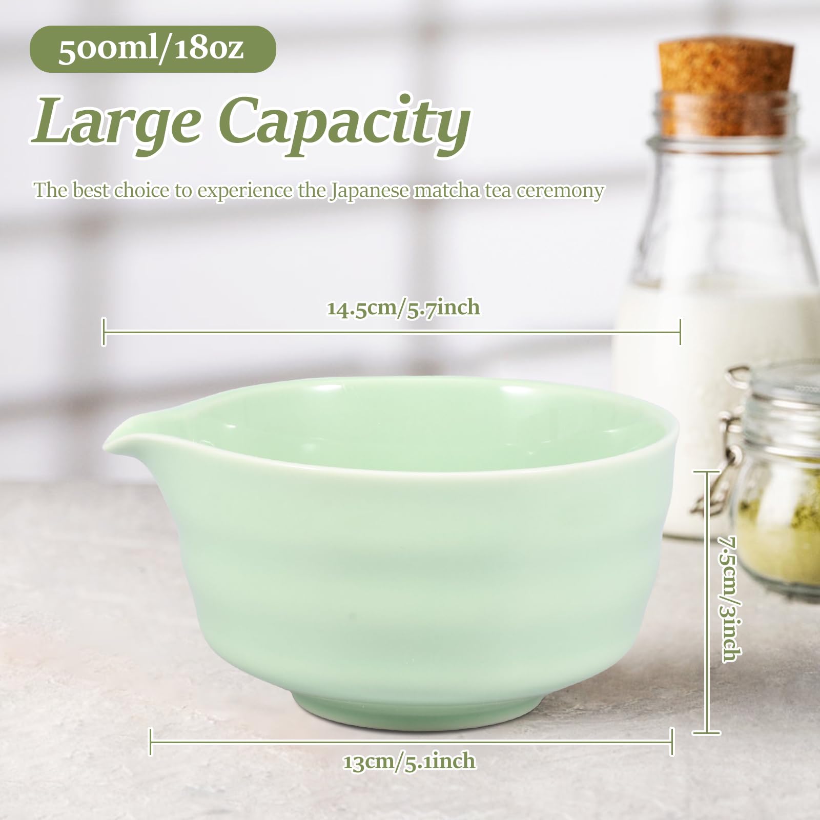 japońska miska do matchy z ceramiki z uchwytem, Chawan, 500 ml, łatwa dostawa do trzepaczki, dla początkujących, miłośników DIY (zielona)