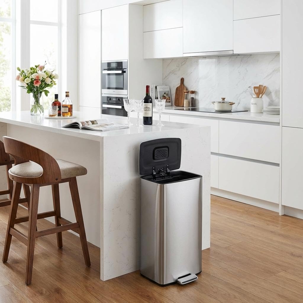 GarveeHome Trash Can Kitchen, Large Step On Garbage Can with Lid, 10.6 Gal Stainless Steel Trash Bin with Odor Filter, Removable Liner, Foldable Foot Pedal, for Home Office Bathroom Commercial, 40 L