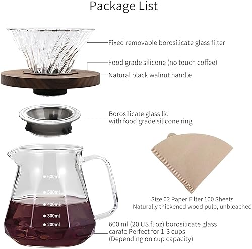 Miniatura 4 de Kit profesional de cafetera de vidrio para verter sobre café, cafetera en forma de V de 21.1 onzas líquidas con mango de nogal y filtros de 100 V20,