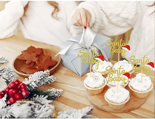 Miniatura 6 de 24 adornos con purpurina para cupcakes de Papá Noel para bebé, sombrero de Navidad, decoración de pastel de Navidad para Navidad, baby shower,