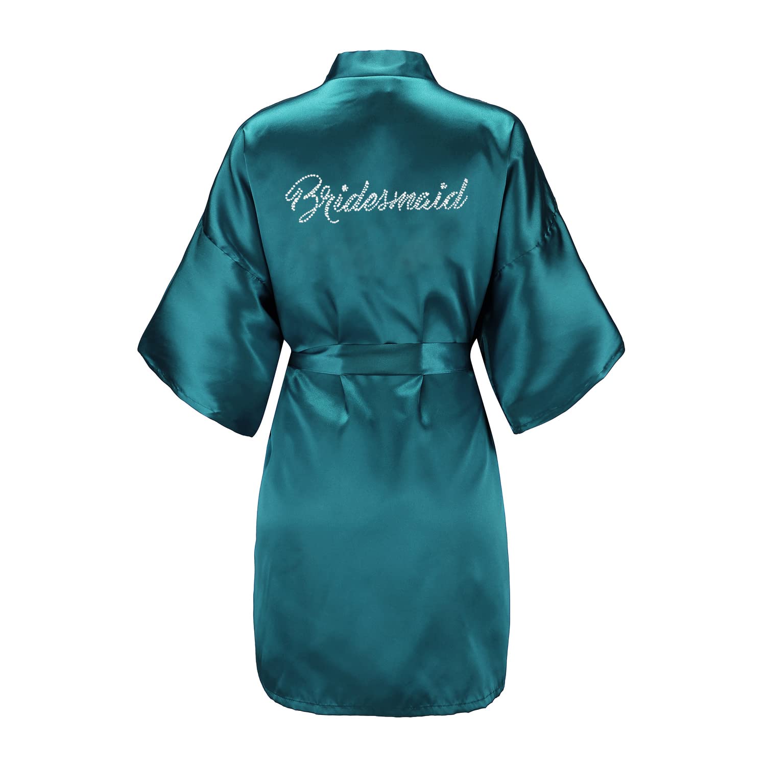Women's One Size Silver Rhinestones Bride Bridesmaid Short Satin Robes for Wedding Party Getting Ready
