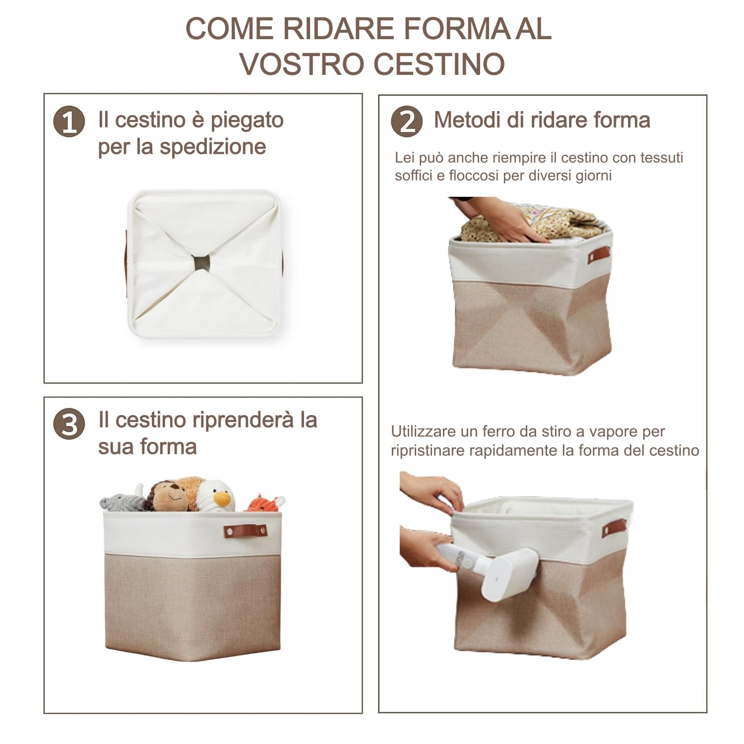 Scatola Portaoggetti in Tessuto, Set da 3 Cubi, 30x30x30cm, con Manico in Finta Pelle per Scaffali, Armadi, Cachi e Bianco
