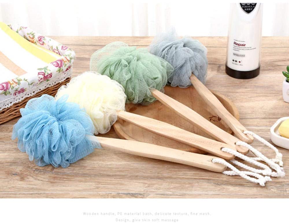 Esponja de baño, cepillo de baño para el hogar, ducha de masaje, mango largo de madera, colgante de malla suave, cepillo de exfoliación para la espalda, herramienta de baño para llegar a los pies