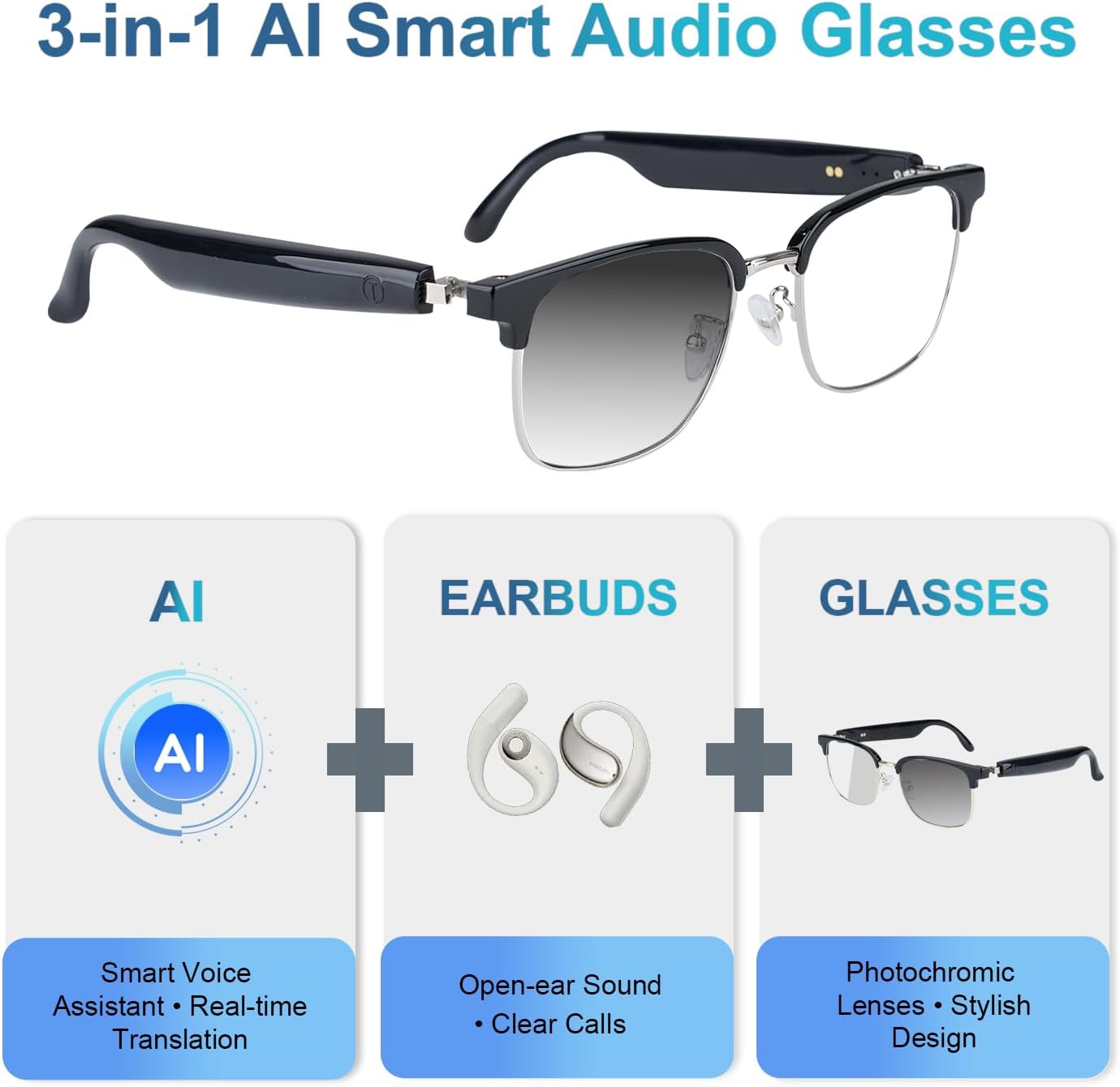 AI Smart Glasses, Bluetooth Audio Glasses with Real-Time Translator for 164 Languages, Free APP, Photochromic Lens, Spring Hinges, Wearable Tech Bluetooth Glasses for Travel/Work/Study(Silver)