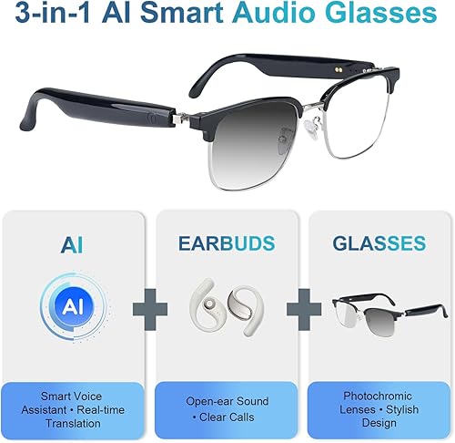 Vista 2 de Lentes inteligentes AI, gafas de audio Bluetooth con traductor en tiempo real para 164 idiomas, sin suscripción para aplicación, lente fotocrómica