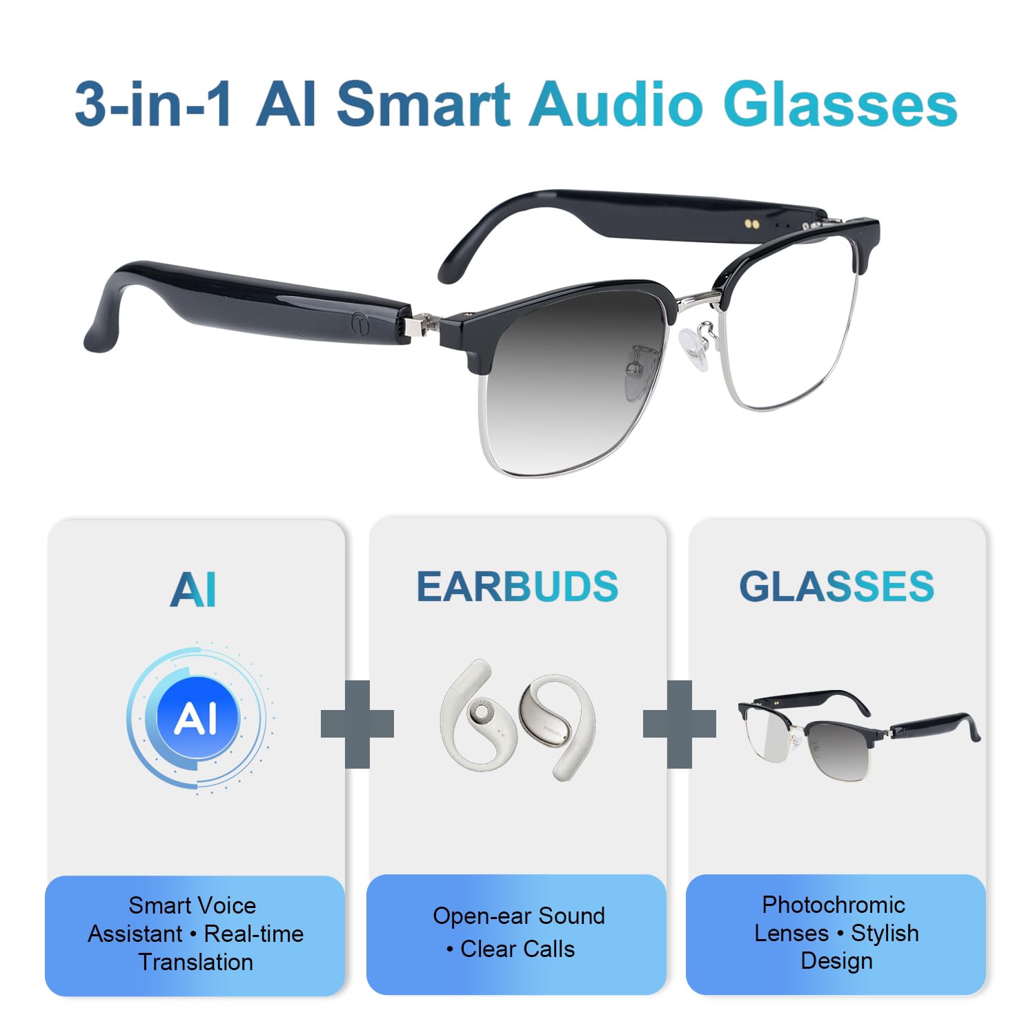 AI Smart Glasses, occhiali da traduzione con traduttore in tempo reale per 164 lingue, senza abbonamento per app, lenti fotocromatiche, cerniere a molla, occhiali Bluetooth per viaggio/lavoro