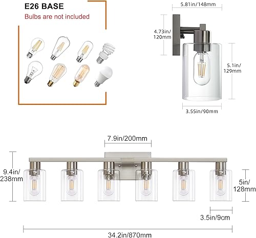 Miniatura 3 de Lámpara de tocador de baño de 6 luces, luces de tocador de baño de níquel cepillado para baño, lámparas de baño sobre espejo, luz grande de tocador